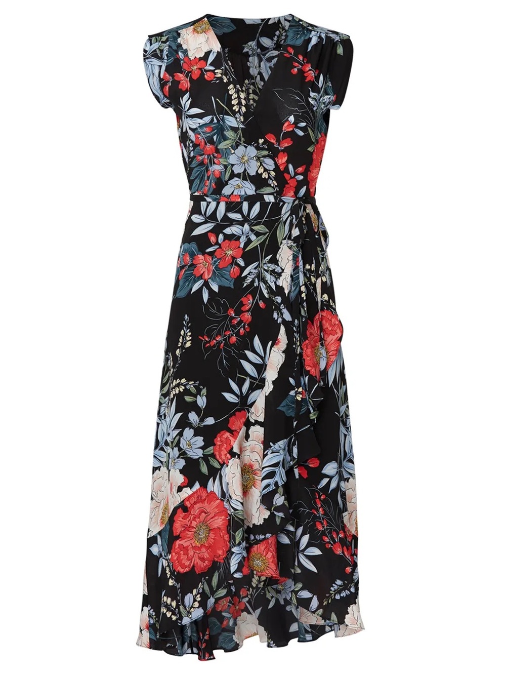 Yumi Kim Floral Santorini Dress Wrap Ruffle Hem Midi Black